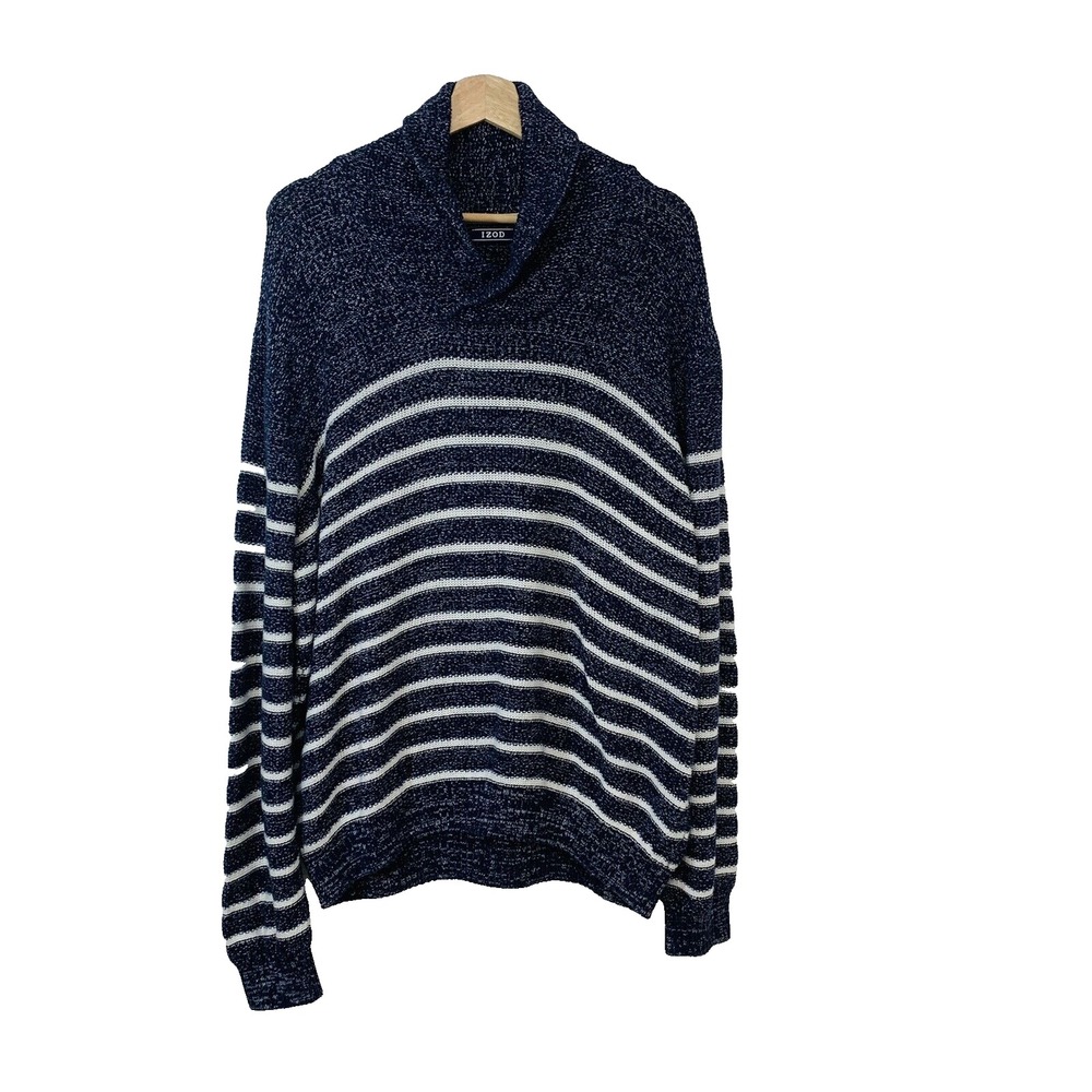 Izod Sweater Men XXL Shaw Collar Navy Blue White Stripe Long Sleeve V Neck